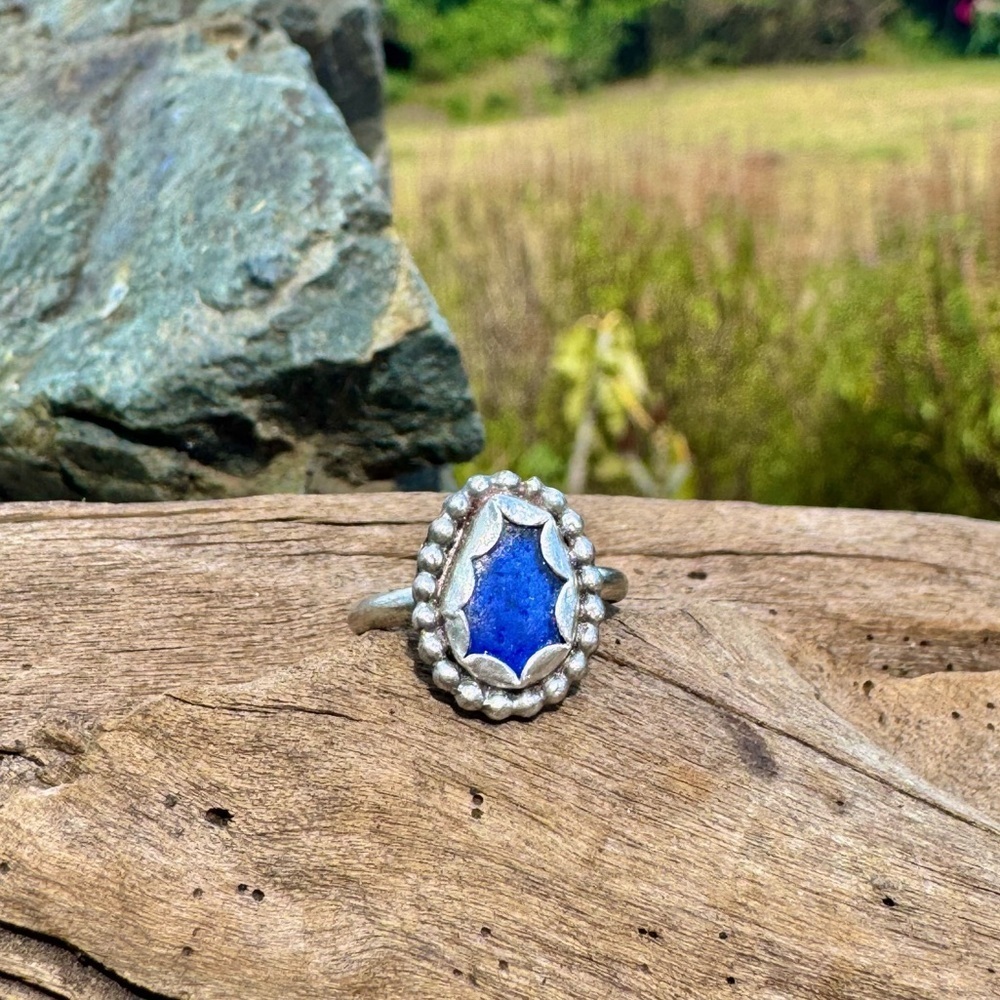 Handmade Sterling silver sea glass ring cobalt blue 925 beaded beach coast ocean